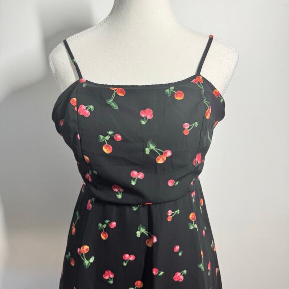 Dress Forum Halalu Dress Women M Black Cherry Print Mini Strappy Open Back - Picture 2 of 7